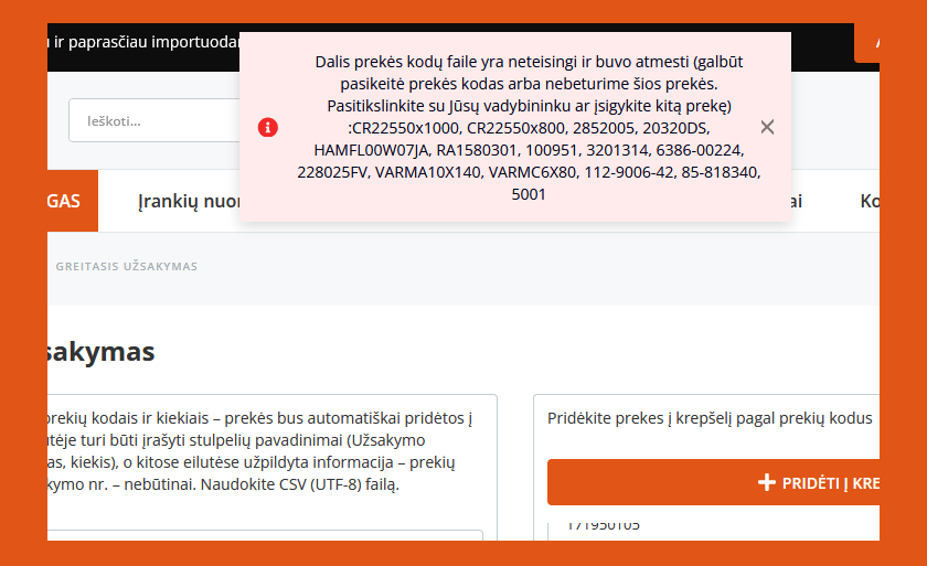 klaidos pranešimas csv