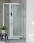 Boksas dušo Showerama penkiakampis, 90x90 cm, baltais profiliais, skaidriais stiklais 