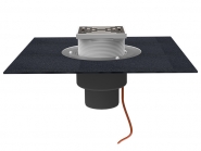 Įlaja DN75 su bituminiu flanšu, drenažiniu žiedeliu,  trapu viršuje: 148x148mm/ 137x137mm, integruotu el. šildymo kabeliu (10-30W, 220V) 
