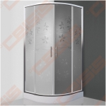 Pusapvalė dušo kabina SANIPRO FLOWER NEO 800 su dviejų elementų slankiojančiomis durimis bei brilliant spalvos profiliu ir dekoruotu stiklu 