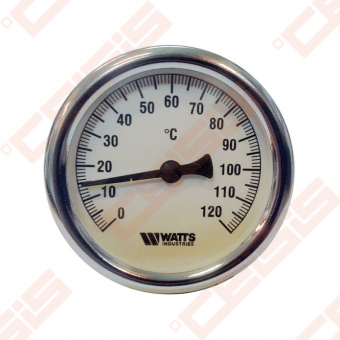 Bimetalinis termometras WATTS F+R801 OR; Ø63; Dn1/2"; tMaks.120°C (Gilzės matmenys 50mm x Ø9mm)