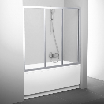 Trijų dalių stumdoma vonios sienelė AVDP3-150 su satino spalvos profiliu ir skaidriu stiklu 