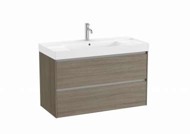 Komplektas: spintelė su praustuvu (pagamintu iš FineCeramic) ROCA ONA, matmenys: 1000x460x645mm, spintelės spalva - tamsi guoba, su 2 stalčias, integruotos rankenėlės 