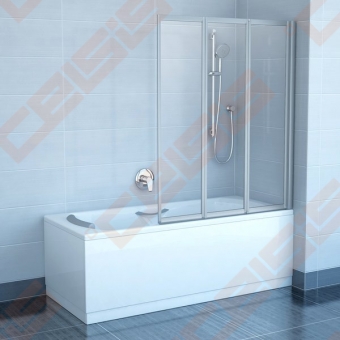 Trijų dalių sulankstoma vonios sienelė RAVAK VS3 100 su baltos spalvos profiliu ir skaidriu stiklu 