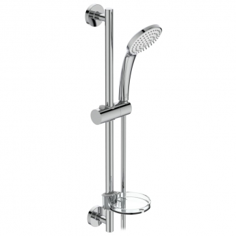 Dušo komplektas Ideal Standard IdealrainSoft. Komplekte: dušo galva 100mm, stovas 600mm, žarna 1750mm, muilinė skaidraus plastiko 