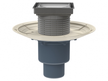 Trapas vidaus patalpoms DN50/75/110 vertikalus su sifonu "Primus blue", "Klick-Klack" grotelių tvirtinimas, n.pl. Rėmelis, plytelei įklijuoti  132x132mm/112x112mm 