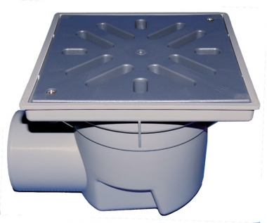 Trapas Perfekt, horizontalus DN110 su PP rėmu 244x244mm, PP grotelėmis 226x226mm su vandens sifonu, 1,5t 