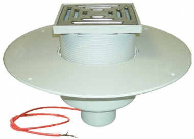 Įlaja DN110 su PVC flanšu, drenažiniu žiedeliu,  trapu viršuje: 148x148mm/ 137x137mm, integruotu el. šildymo kabeliu (10-30W, 220V) 