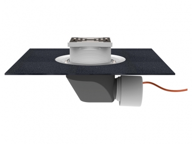Įlaja horizontali DN75/110 su bituminiu flanšu, drenažiniu žiedeliu,  trapu viršuje: 148x148mm/ 137x137mm ir integruotu el. šildymo kabeliu (10-30W, 220V) 
