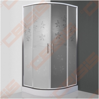 Pusapvalė dušo kabina SANIPRO FLOWER NEO 900 su dviejų elementų slankiojančiomis durimis bei brilliant spalvos profiliu ir dekoruotu stiklu 