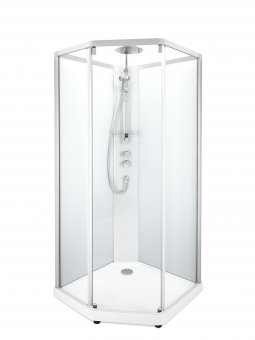 Boksas dušo Showerama penkiakampis, 100x100 cm, baltais profiliais, matiniu galiniu stiklu 