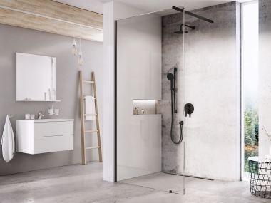 Dušo sienelė Ravak Walk in Wall 80 cm juodu profiliu, skaidriu stiklu, su laikikliu komplekte 